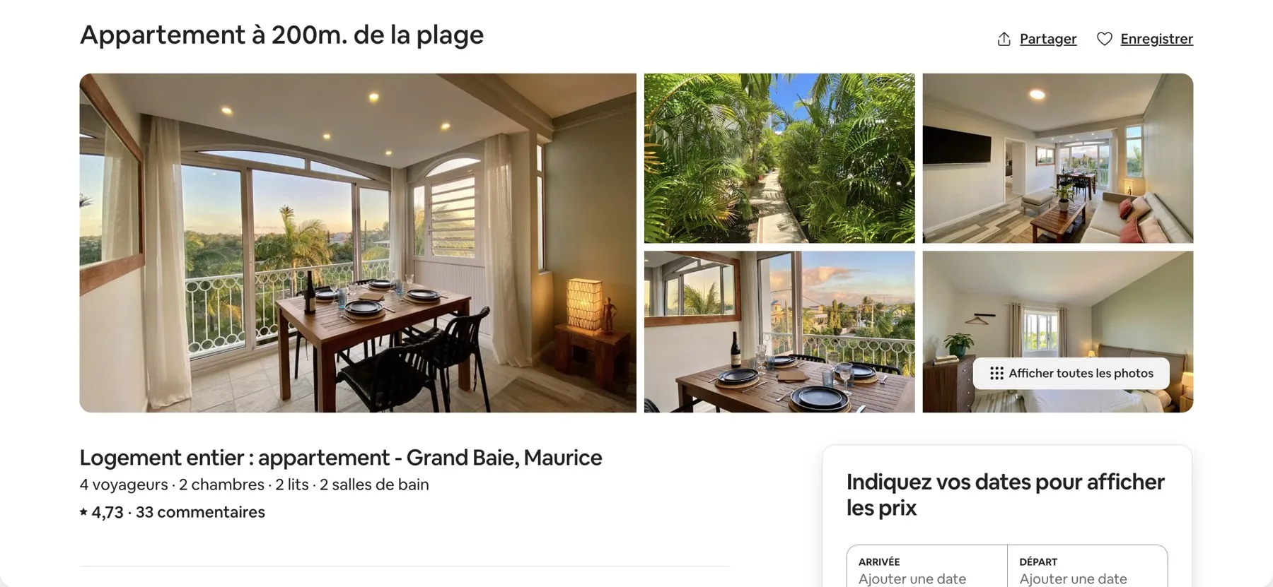 L'annonce Airbnb de l'appartement, notée 4,73 sur 33 commentaires