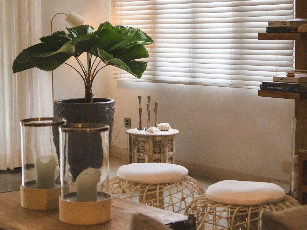 Salon de villa avec palmier en pot, lumière douce à travers les stores